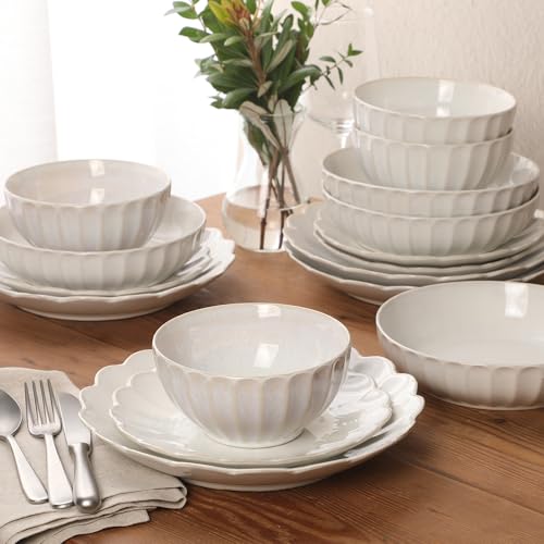 Image of Gibson Elite Malibu Shore 16 Piece Scallop Stoneware Reactive Glaze (Service for 4) Ceramic Plates and Bowls Dinnerware Set - Shiny Cream White