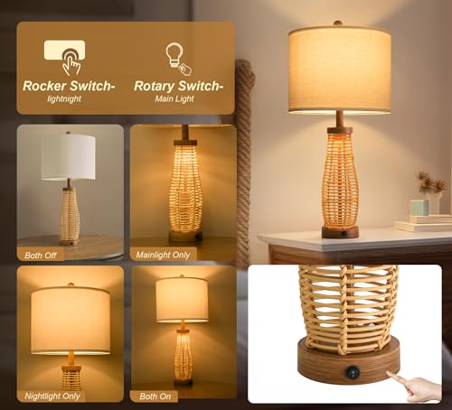 Image of OYEARS 28 inch Table Lamps Set of 2 with Dual Night Lights, Bedside Lamps for Bedroom, Boho Lamp for Living Room, Rattan Table Lamp with Linen Shade, Farmhouse Lamp with Wood Grain Finish (Bulb Included)