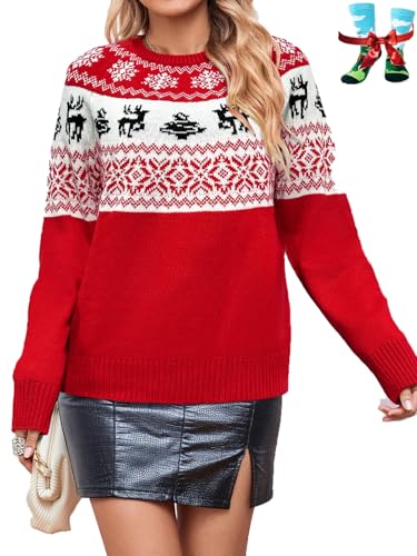 Image of Cute Christmas Sweater for Women Long Sleeve Crewneck Ugly Christmas Sweater Loose Pullover Knitwear