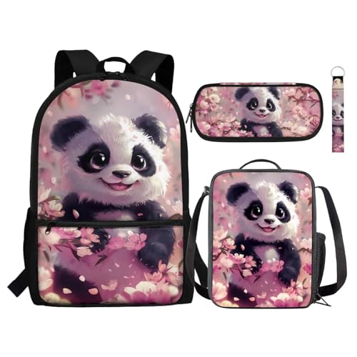 Set zaino per bambini con portapranzo portapenne portachiavi 4 in 1 regalo per ragazze ragazzi adolescenti Panda Fiore Taglia unica Zaini Daypack rosa