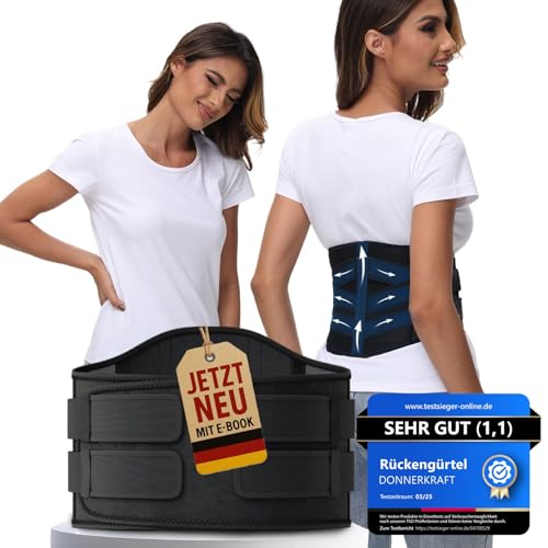 DONNER KRAFT Rückenstützgürtel Testsieger für Herren und Damen – Rückengurt Rückenschmerzen zur Unterstützung der Lendenwirbelsäule und Stabilisierung im Alltag + Ebook Leitfaden (M)