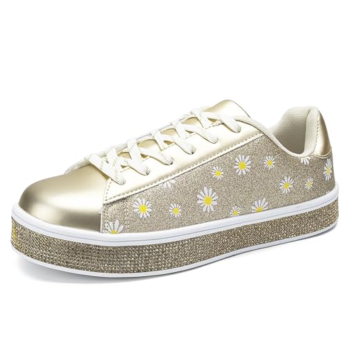 Image of UUBARIS Women's Glitter Tennis Sneakers Neon Dressy Sparkly Sneakers Rhinestone Bling Wedding Bridal Shoes Shiny Sequin Shoes