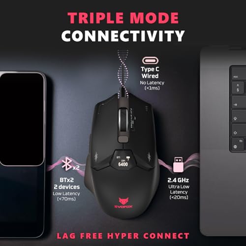Image of EvoFox Banshee 2 Tri-Mode Wireless Gaming Mouse (2X BT, 2.4G & Wired), PixArt 3311 Sensor, 1000Hz Polling Rate, 12,000 DPI, LCD Display, 6 Programmable Buttons, Software Support, Onboard Memory-Black
