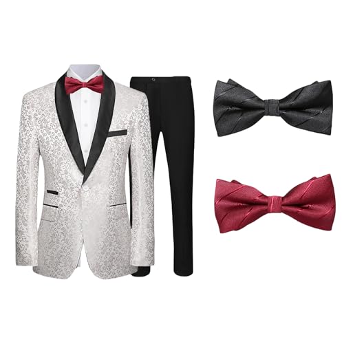 Mens Suit Set 4 Piece Floral Tuxedo for Men Wedding Suit Prom Party Dinner Jacket and Pants Set with Two Bow-Ties