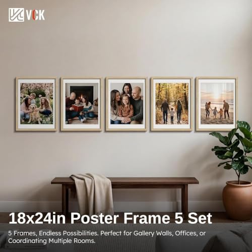Image of VCK 18x24 Poster Frame 5 Pack, Natural Wood, 16x20 Mat, for Gallery Wall