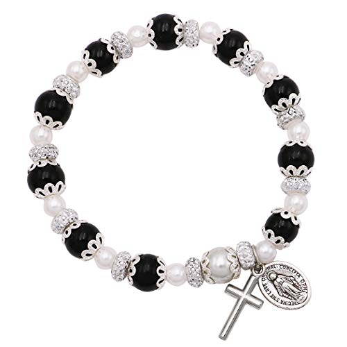 Rosemarie Collections Women's Simulated Pearl Beaded Stretch Rosary Bracelet with Crucifix and Miraculous Medal (Black)