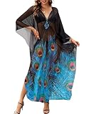 Bsubseach Kaftan Dresses for Women Mesh Beach Swimsuit Cover Up Batwing Sleeve Plus Size Caftan Cover Ups Blue Peacock Print