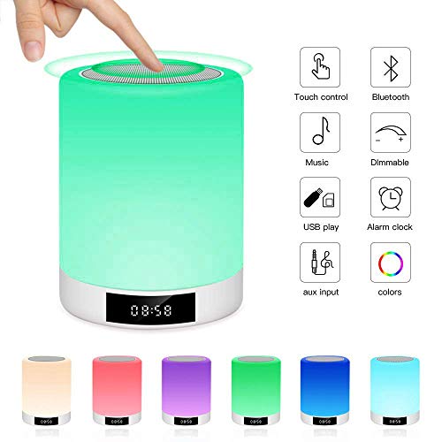 Lampe de Chevet Tactile Rechargeable, Lampe de Table Enceinte Bluetooth LED Multicolore Luminosité Réglables FM Radio Réveil, Horloge, Lecture de MP3, Mains Libres Prumya