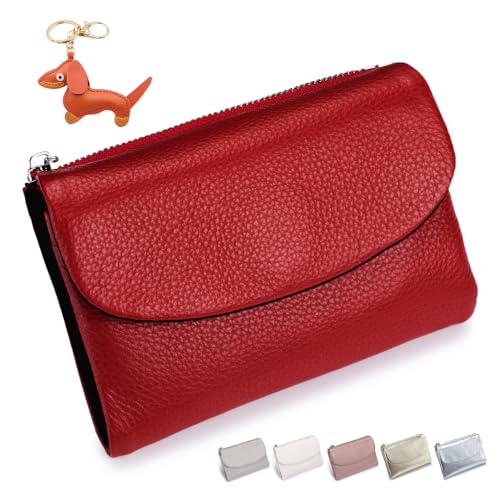 Unisex Pebble Leather Wallet, Small Wallets for Women, Women's Genuine Leather Coin Purse with Credit Card Holder, Wallets for Men and Women (Red and black)