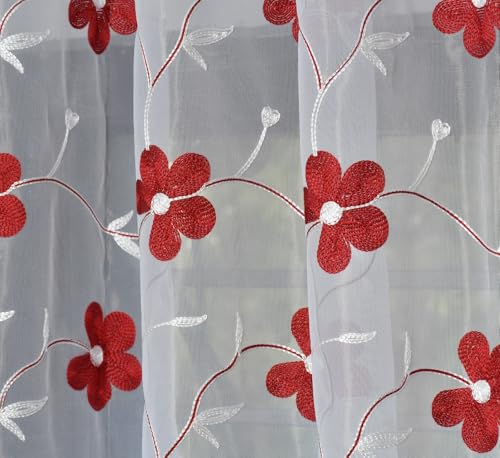 Image of Embroidery Floral Net Transparent Sheer Curtain - 9X4 Feet, Long Door Curtains, Maroon, Pack of 1 Pc