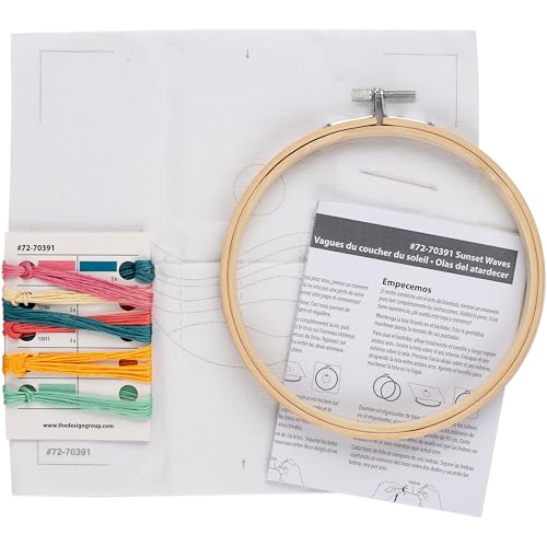 Image of Dimensions 72-70391 Sunset Waves Embroidery Needlepoint Kit for Beginners, 6 inch Diameter Hoop, Multicolor, 5 Pieces