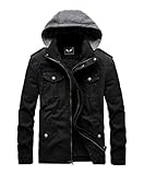 RongYue Men's Jacket Cotton Lightweight Bomber Military Jacket Spring Casual Windbreaker Coat with Removable Hood (Large,Black)