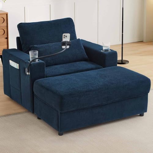 Sillón chenille azul con almacenamiento y USB miniatura 1