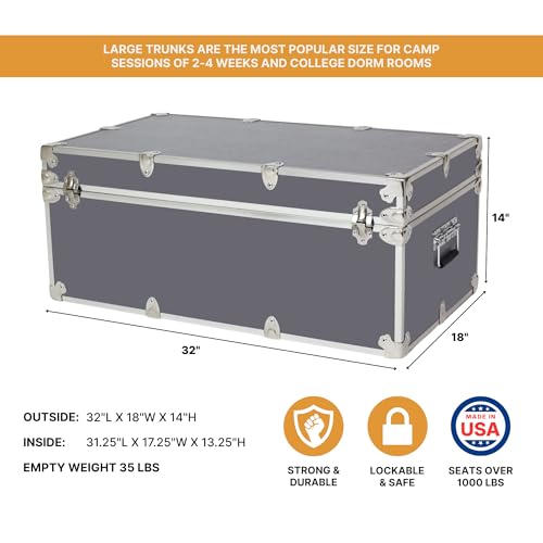 Image of Large Essential Trunk With Wheels, Tray, & Lid Organizer - 32 inchx18 inchx14 inch, 1000+ lbs Capacity. Strong, USA Made Summer Camp Footlocker, and Secure College Dorm Storage Chest (Camp and College, Slate)