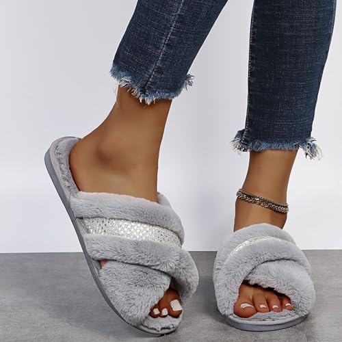 Open Toe Fuzzy Faux Fur Slippers for Women House Bedroom Cozy Furry Cross Bands Slide House Shoes Anti-Skid Sole Sandals(38/39 EU, Gray)2