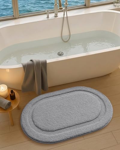 Image of Color&Geometry Oval Grey Bathroom Rugs 43x24, Extra Soft Absorbent Microfiber Bath Rugs, Non-Slip Bathroom mat, Washable Plush Bath Mats for Bathroom, Shower, Bathtub, Laundry, Light Grey