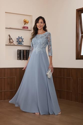 Chiffon Long Mother of The Bride Dresses for Women 3/4 Sleeve Lace Formal Evening Gown4