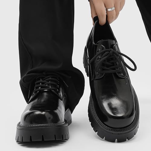 Men's Classic Leather Chunky Heel Platform Oxfords Round Toe Lace Up Soft Bottom Derby Shoes Heightening Business Dress Shoes4