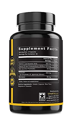 image for Zinc Quercetin 500mg with Vitamin C Vitamin D3 Bromelain Immune Suppor