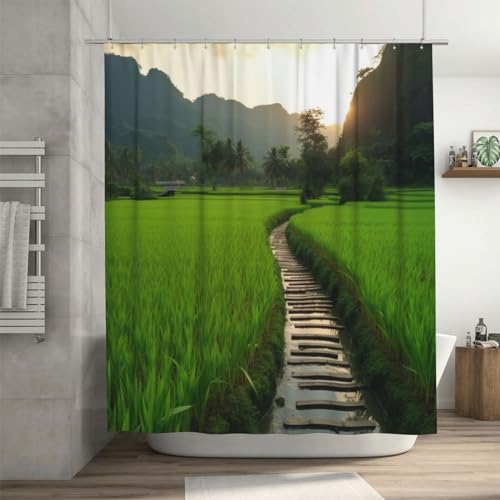 Rideau de douche moderne minimaliste imprimé champ de riz vert imperméable 183cm