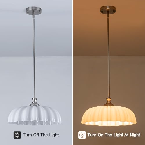 Image of 16 inch Milk Glass Pendant Light Vintage Flower Modern Brushed Nickel Chandelier