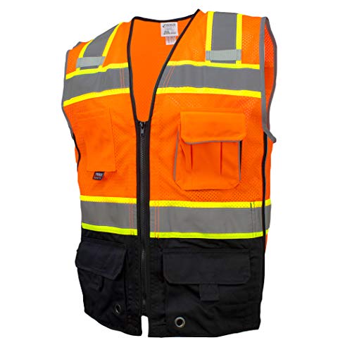 Fierce Safety SU400O Superior Surveyors Class 2 Meshed Two Tone Black Bottom Vest and Tablet Pockets | 100% Polyester Optimal Breathability | Meets ANSI/ISEA 107-2015 Standards