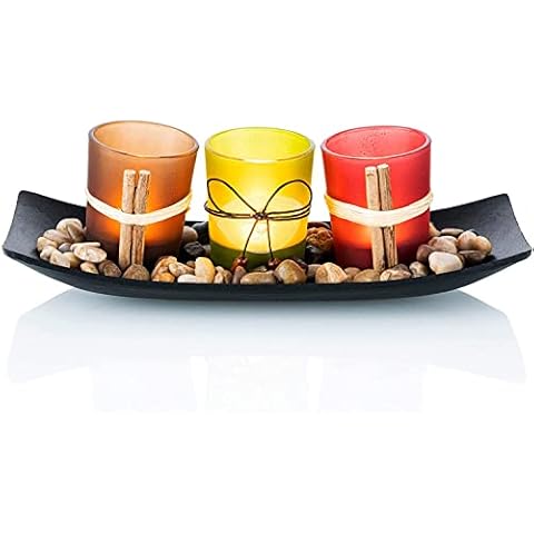 Teelichthalter Satz von 3 Glas Teelichter mit Steinen und Tablett für Schwimmende Votivkerzen Tisch, Tea Light Holder, Tafelaufsätze für Hochzeit Partei Weihnachten Halloween Esszimmer Dekorationen Cover