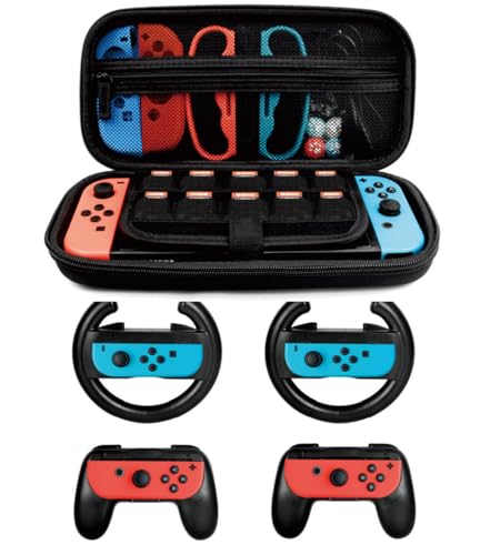 Accessories Kit for Nintendo Switch Games Starter, 2x Steering Wheel, 2x Grip Kit, 1x Travel Carry Case(5 in 1 Black)