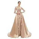 Engerla Womens Detachable Train Mermaid Evening Dress Gold Long Sleeve Formal Dress Prom Party Celabrity Gown10