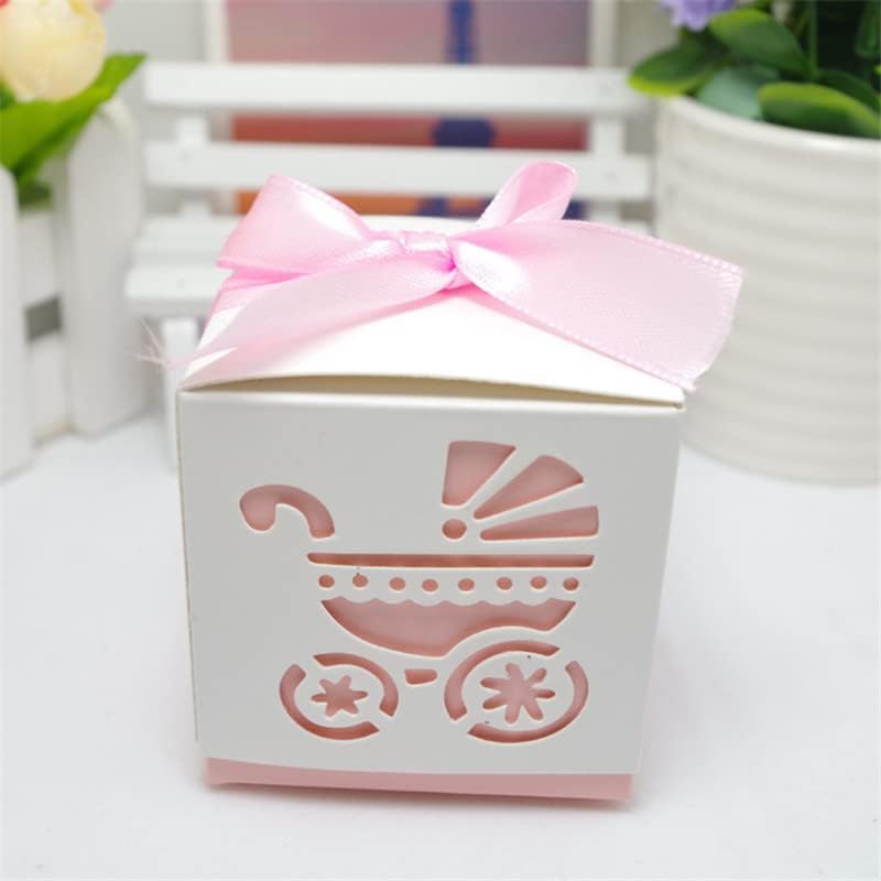 Laser Cut Hollow Baby Carriage Cookie Gift Boxes Wedding Baby Shower Candy Treat Bag Wedding Favors Gifts Box Party Supplies (Pink,100 PCS)
