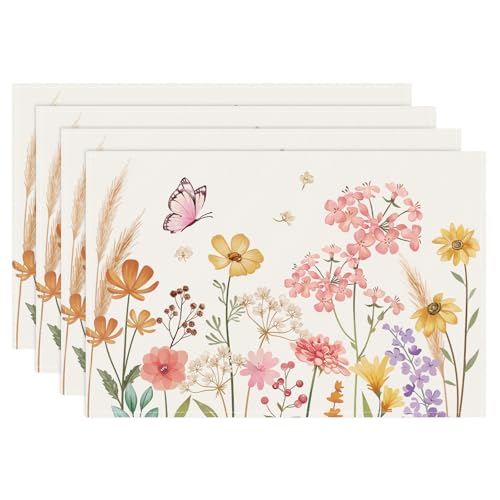 Bonhause Pink Floral Spring Placemats Set of 4, 12x18 Inch Yellow Purple Wildflowers Butterfly Seasonal Summer Kitchen Dining Table Mats Washable Place Mats for Indoor Outdoor Home Party Decor