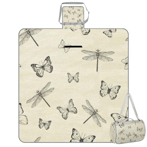 Shimoshe Picnic Blankets 57”x 59”, Butterfly Dragonfly Waterproof Sandproof Picnic Mat Lightweight Foldable Beach Blanket for Camping Park Grass Beach Outdoor Blanket