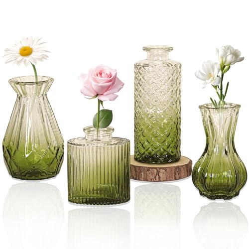 Set of 4 Glass Bud Vase Set, Small Vintage Clear Flower Vase Centerpieces for Table Bulk Cute Rustic Style Mini Vase for Home Decor Wedding Baby Shower Birthday Party(Ombre Green)