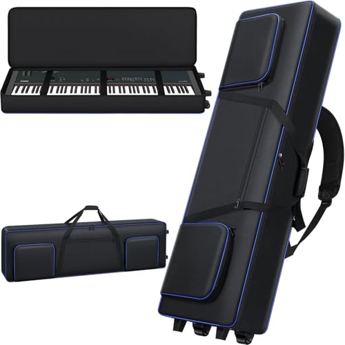 Aleemin 88 Key Keyboard Case Soft with Wheels (52.75''x12.2''x7.1''), Rolling Piano Keyboard Case with Roller/Carrying Handle/Backpack-Strap, Keyboard Gig Bag with 3 Pockets (S)