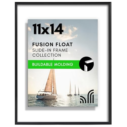 Americanflat Portarretratos flotante de 11 x 14 pulgadas con vidrio inastillable, se adapta a fotos de 8 x 10 pulgadas o más pequeñas, marco de fotos deslizante, colección Fusion Float, marco flotante