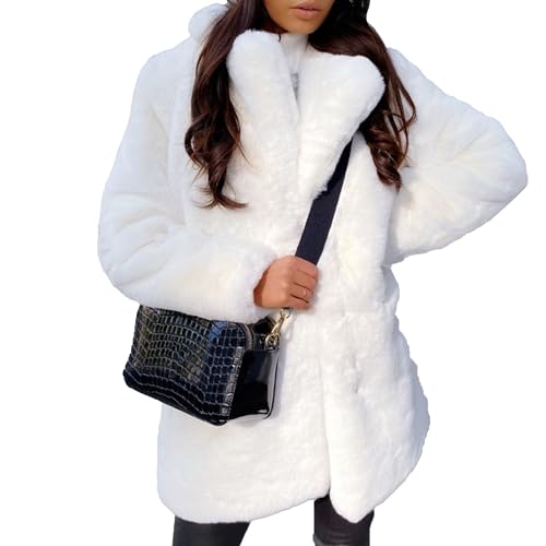 Womens Faux Fur Long Coats Warm Winter Outwear Fleece Overcoat Open Front Long Cardigan Jacket with Pockets