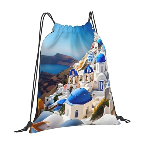 Santorini Greek Island sea View print Casual drawstring backpack, lightweight and portable, fit for daily, sports and travel2