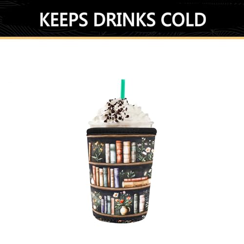 Image of YR Reusable Neoprene Insulator Sleeve for Iced Coffee Cups, 3 Pack Coffee Coolies sleeves for Iced & Hot Drinks, Cold Beverage Cooler Compatible with Starbucks Coffee and More (Bookshelf & Flower)