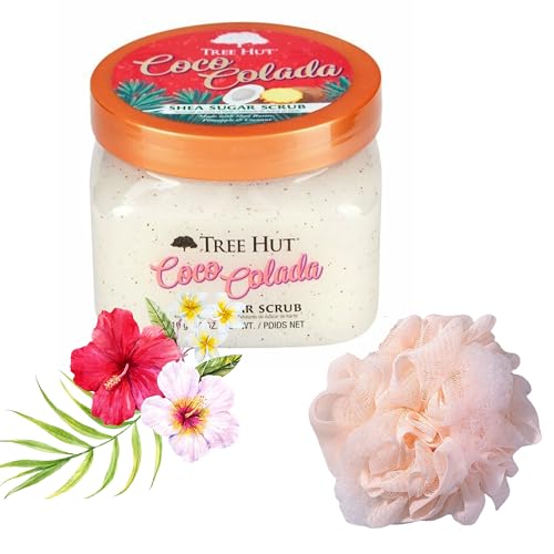 Coco Colada Body Scrub Bundle: includes Tree Hut Shea Sugar Scrub Coco Colada 18 oz +1 Eco Friendly Pouf colours vary pink, gray, off-white, light green) Exfoliating, Hydrating, Renovating