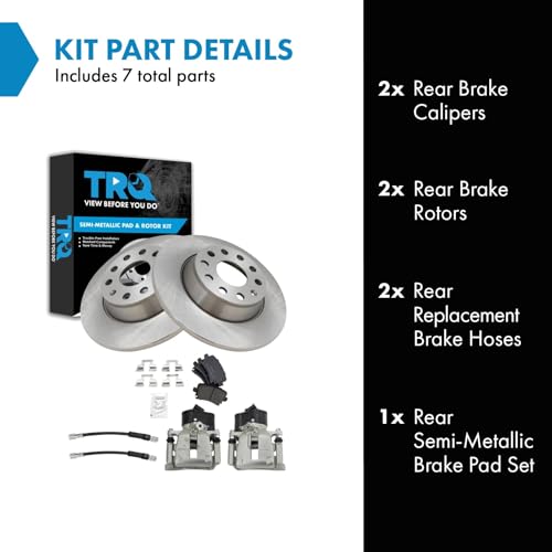 Image of TRQ Rear Brake Pad and Rotor Set Semi Metallic Rotors Calipers Hoses | For 2009-2016 Volkswagen CC 2009-2010 Passat