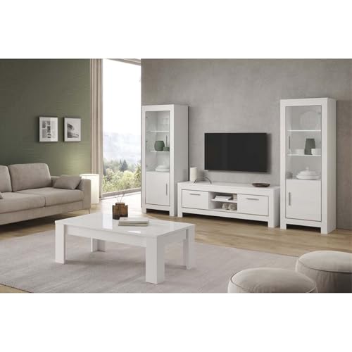 AltoBuy Denae - Ensemble Salon Complet Laqué Blanc Brillant Meuble TV + Table Basse + Vitrines LEDs