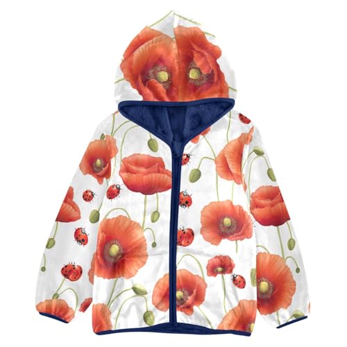 CHIFIGNO Fleece Jacket for Boys Cute Printed Boys Jackets Toddler Sweatshirt with Pockets for Toddler and Kids, Red Poppy Flowers Ladybirds, 6T
