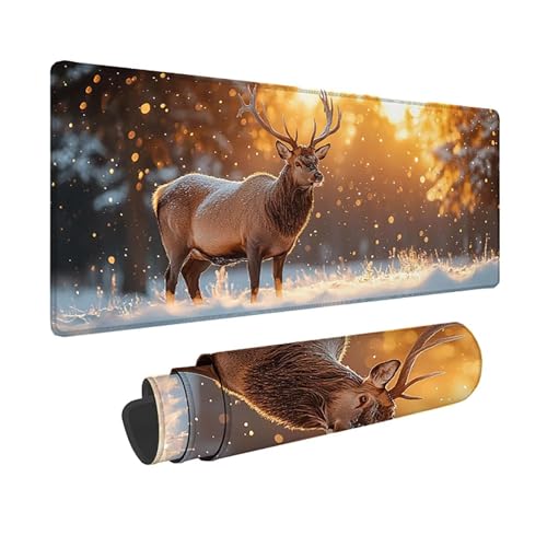 Tapis de souris XXL 80x40cm jaune avec motif cerf et bords cousus pour bureau
