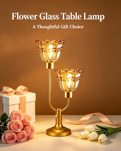 Image of Lightdot Mid Century Modern Flower Gold Table Lamp Vintage Gift Dimmable | Nightstand Lamp Amber Glass Desk Lamp 2 Bulbs Included Warmwhite Ambient Bedside Lamp for Living Room Bedroom Home Decor Gift