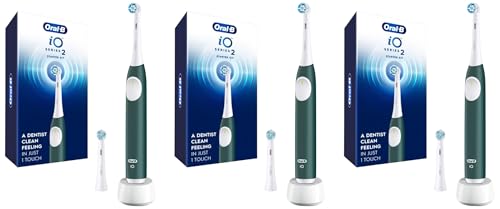 Image of Oral-B Rechargeable Electric Toothbrush, iO2 Starter Kit, 3 Cleaning Modes, Automatic Pressure Sensor to Protect Gums, 2 Brush Heads, Forest Green (Pack of 3)