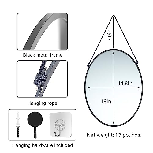 Longwin LSJZ061AN2OV Black Hanging Oval Mirror For Wall Decor, 14.8 X 18 Inch Black Geometric Farmhouse Wall Mirrors Decorative With Rope, Wall Mounted Mirror thumb #1