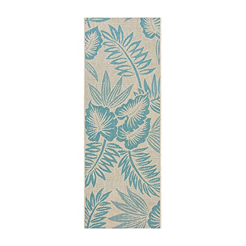 Gertmenian Indoor/Outdoor Kona Coast by Reyn Spooner Runner Rug - 2x6 Runner, Stain & UV Resistant, Ideal for Deck, Patio, Poolside Rooms - Palm Leaves, Teal Green Tan, 46677