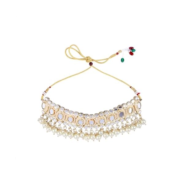 Amoura Gold Plated Mirror Jewelry Set with Pearls - Adjustable Choker, Earrings, and Mang Tika for Women - Perfect for Wedding, Anniversary - Image 3