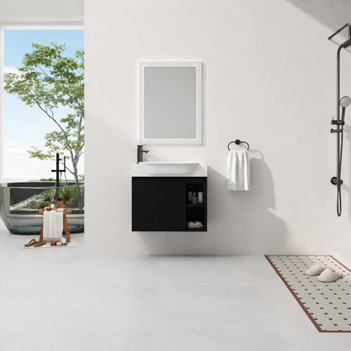 Image of 28 inch Wall Mounted Bathroom Vanity with Ceramic Sink, Modern Floating Bathroom Cabinet with Soft-Close Door & 2 Open Storage Shelves, Farmhouse Small Bath Vanity Set, Easy to Clean, Black