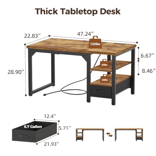 Image of Mericonia 48 inch Computer Desk with Drawer, 1.2 inch Thick Reversible Office Desk | Modern Writing Table with Power Outlets & Storage Shelves, Heavy Duty Industrial Study Desk for Home Bedroom Work